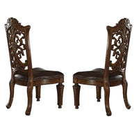 Traditional Faux Leather Upholstered Wooden Side Chair with Scrolled Carvings, Brown, Set of Two