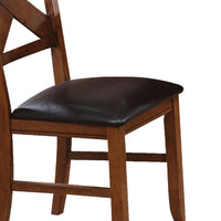 Wooden Side Chair with Faux Leather Padded Seat and X Cross Backrest, Brown, Set of Two