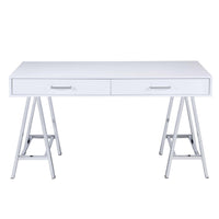 Rectangular Two Drawers Wooden Desk with Saw horse Metal Legs, Silver and White