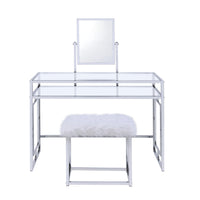 Glass and Metal Vanity Set With Faux Fur Stool, White and Silver