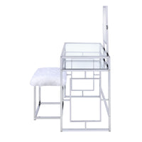 Glass and Metal Vanity Set With Faux Fur Stool, White and Silver