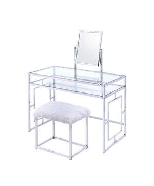 Glass and Metal Vanity Set With Faux Fur Stool, White and Silver