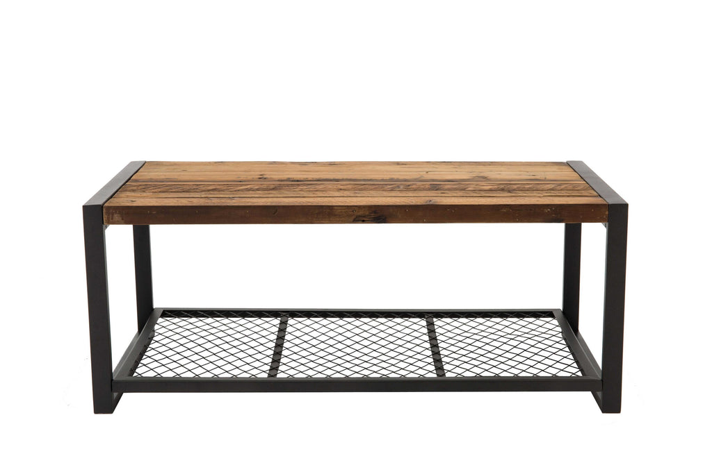 44 Inch Wood and Metal Coffee Table with Mesh Shelf, Brown and Black