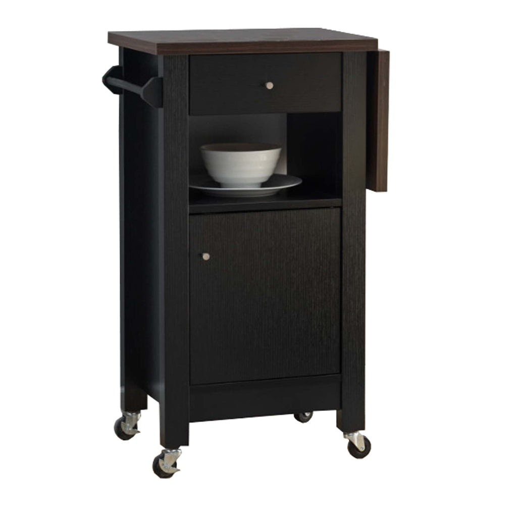 Wooden Kitchen Cart with Spacious Storage and Drop Leaf Top, Black and Brown