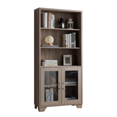 Wooden Book Cabinet with Three Display Shelves and Two Glass Doors, Taupe Brown