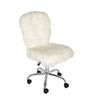 Faux Fur Upholstered Office Chair with Caster Wheels, White and Silver