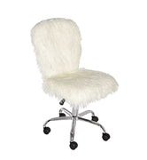 Faux Fur Upholstered Office Chair with Caster Wheels, White and Silver