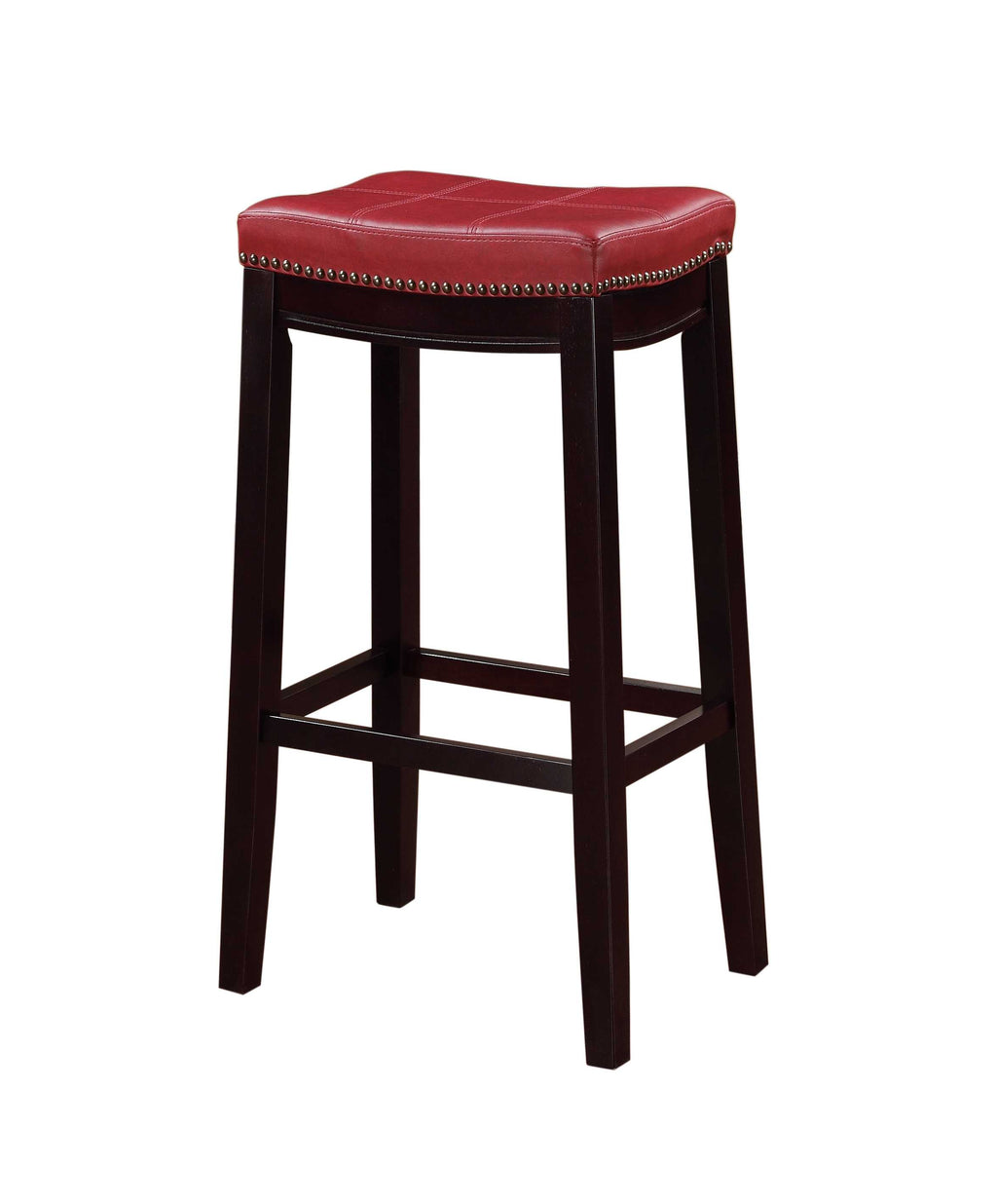 Wooden Bar Stool with Faux Leather Upholstery, Red and Brown