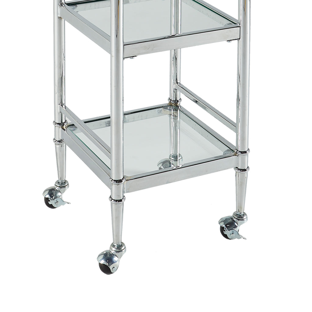 Transitional Style Metal Cart with Three Shelves, Silver and Clear