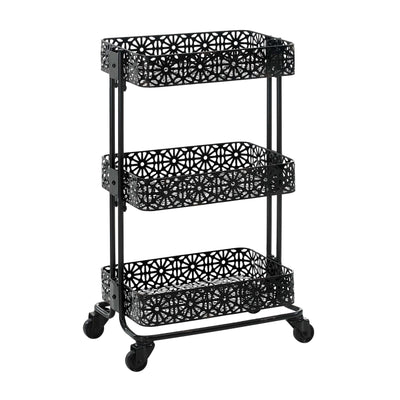 3 Tier Spacious Metal Cart with Pierced Floral Design, Black