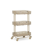 3 Tier Spacious Metal Cart with Pierced Floral Design, Cream