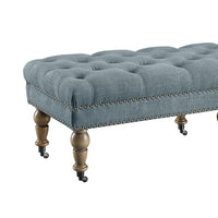 62 Inch Button Tufted Bench with Caster Wheels, Brown and Blue