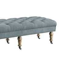 62 Inch Button Tufted Bench with Caster Wheels, Brown and Blue