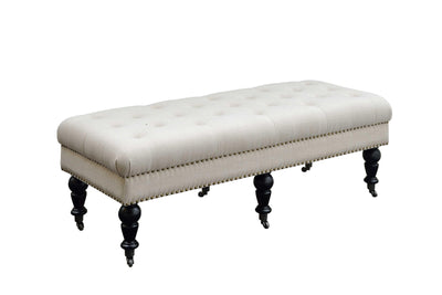 50 Inch Button Tufted Bench with Caster Wheels, Black and Beige