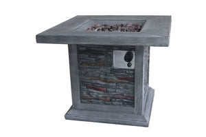 Wood Look Outdoor Gas Fire Pit with Stone Cladding and Lava Rocks,Gray