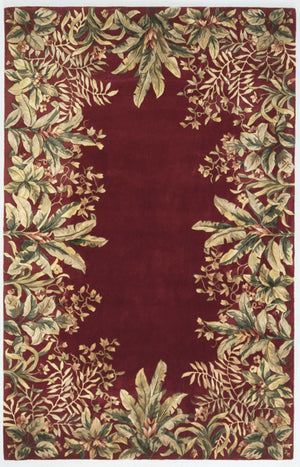 3' x 6' Ruby Tropical Leaves Bordered Wool Indoor Area Rug