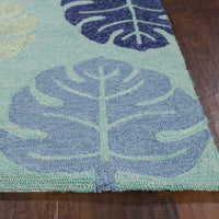 5'x8' Turquoise Blue Hand Hooked UV Treated Tropical Leaves Indoor Outdoor Area Rug