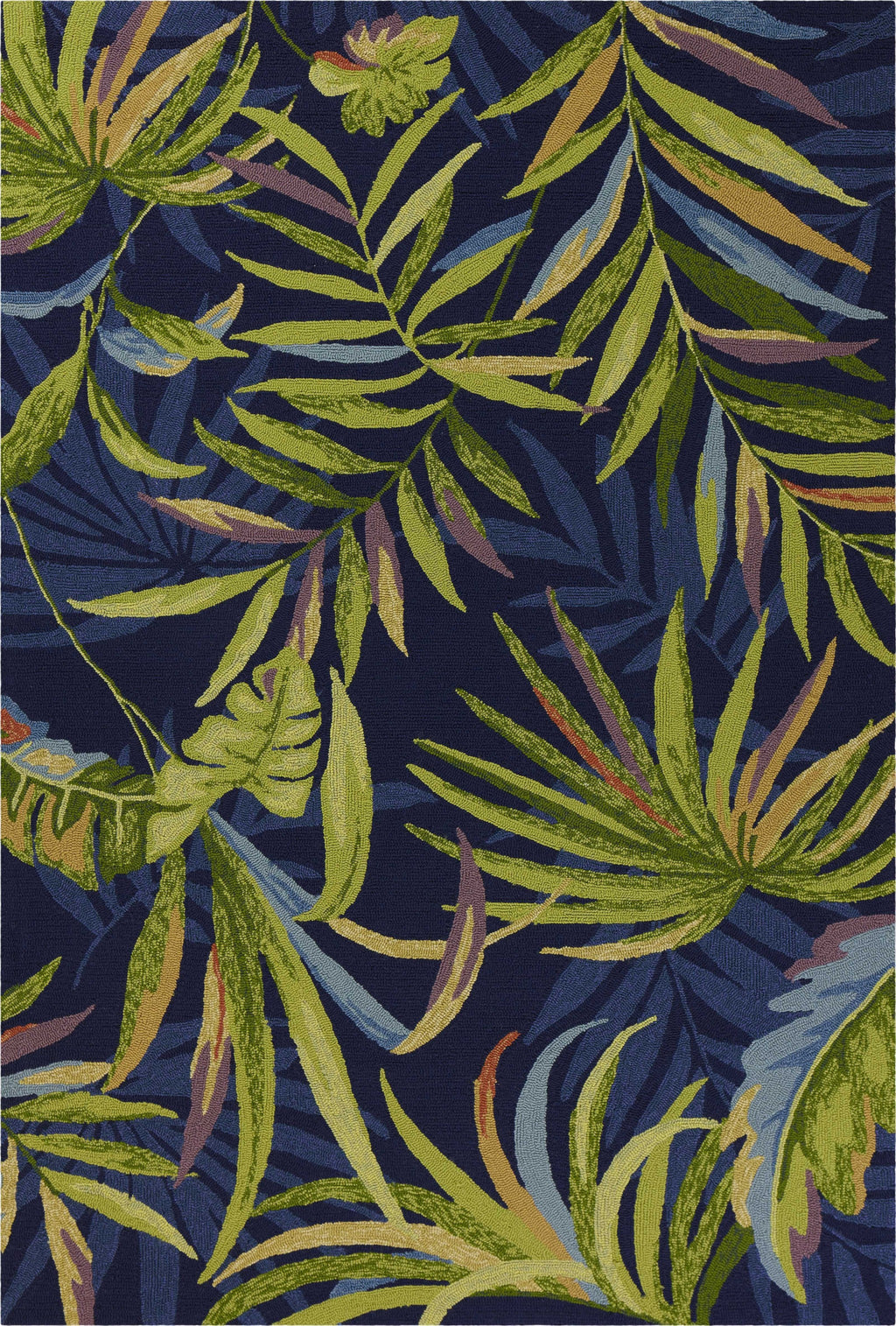 2'x3' Ink Blue Hand Hooked UV Treated Oversized Tropical Leaves Indoor Outdoor Accent Rug