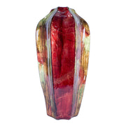 10" X 10" X 18" Red Green Bronze Ceramic Foiled & Lacquered Ridged Gourd Vase