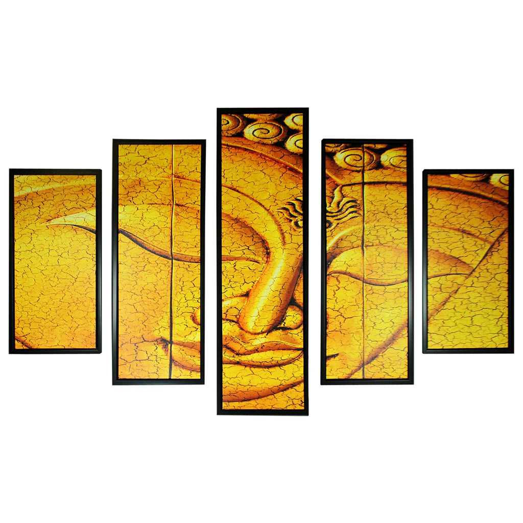 5 Piece Wood Wall Decor with Sleeping Buddha Print, Yellow and Black