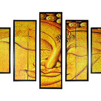 5 Piece Wood Wall Decor with Sleeping Buddha Print, Yellow and Black