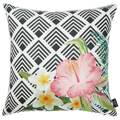 Black and White Pink Hibiscus Decorative Throw Pillow Cover