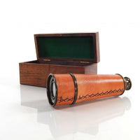 Natural Leather and Brass Handheld Telescope in Wood Box