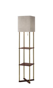 Floor Lamp with Antique Brass Poles and Walnut Wood Finish Storage Shelves with Two USB Ports