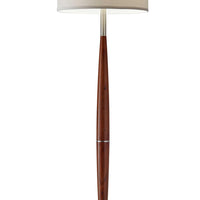 Elliptical Shape Walnut Wood Finish Floor Lamp with Satin Steel Accents and White Fabric Drum Shade