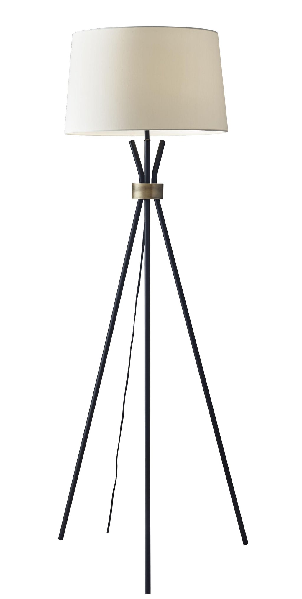 Black Metal Tripod Leg Floor Lamp with Antique Brass Accent