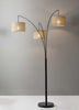 Three Light Bronze Metal Finish Arc Floor Lamp with Suspended Burlap Drum Shades