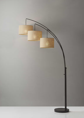 Three Light Bronze Metal Finish Arc Floor Lamp with Suspended Burlap Drum Shades