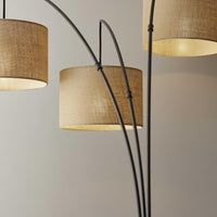 Three Light Bronze Metal Finish Arc Floor Lamp with Suspended Burlap Drum Shades