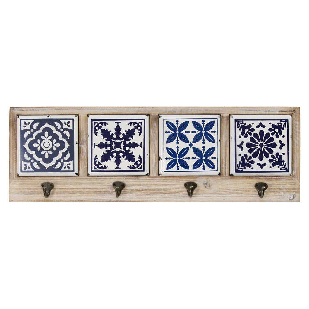 Blue and White Tile Wall Hanging with Metal Hooks