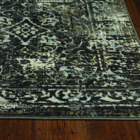 7' Black Beige Abstract Vintage Distressed Machine Woven Runner Rug