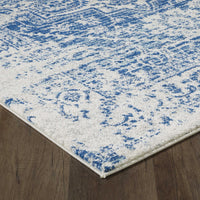 7' Ivory Blue Machine Woven Distressed Bohemian Style Indoor Runner Rug