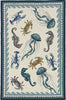 3'x5' Ivory Teal Hand Hooked UV Treated Coastal Sea Life Indoor Outdoor Area Rug