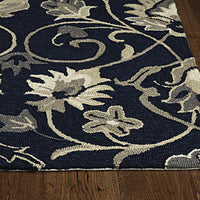 3'x5' Navy Blue Hand Hooked UV Treated Traditional Floral Design Indoor Outdoor Rug