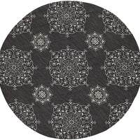 8' Charcoal Grey Hand Woven UV Treated Geometric Traditional Round Indoor Outdoor Area Rug