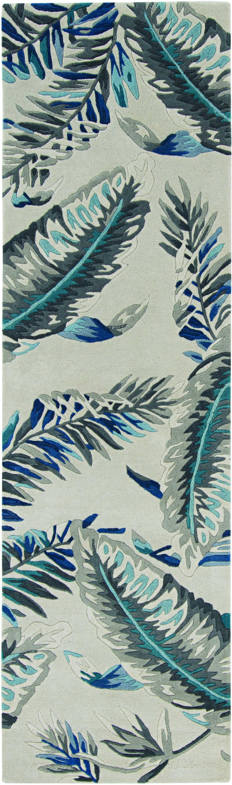 3' x 5' Grey or Blue Tropical Leaves Wool Area Rug