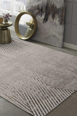 8'x11' Ivory Grey Machine Woven Geometric Lines Indoor Area Rug