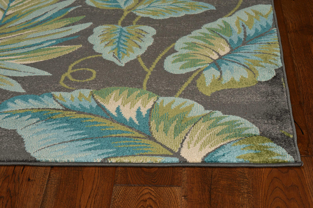 8'x11' Grey Teal Machine Woven Tropical Leaves Indoor Area Rug