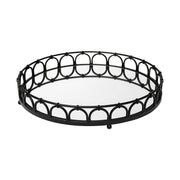 20" Matte Black Metal Half Circles And Mirrored Glass Round Tray