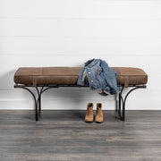 Rectangular Metal-Matte-Black Antiqued Brown Genuine Leather Seat Accent Bench