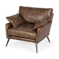 Espresso Brown Top-Grain Leather Wide Accent chair w- Wooden Frame and Iron Legs