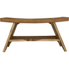 Compact Curvilinear Teak Shower Outdoor Bench with Shelf in Natural Finish