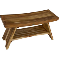 Compact Curvilinear Teak Shower Outdoor Bench with Shelf in Natural Finish