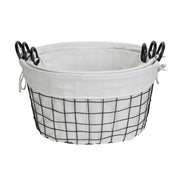 Set Of 3 Oval White Lined And Metal Wire Baskets With Handles