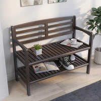 Espresso Finish Solid Wood Slat Bench with High Back and Shelf