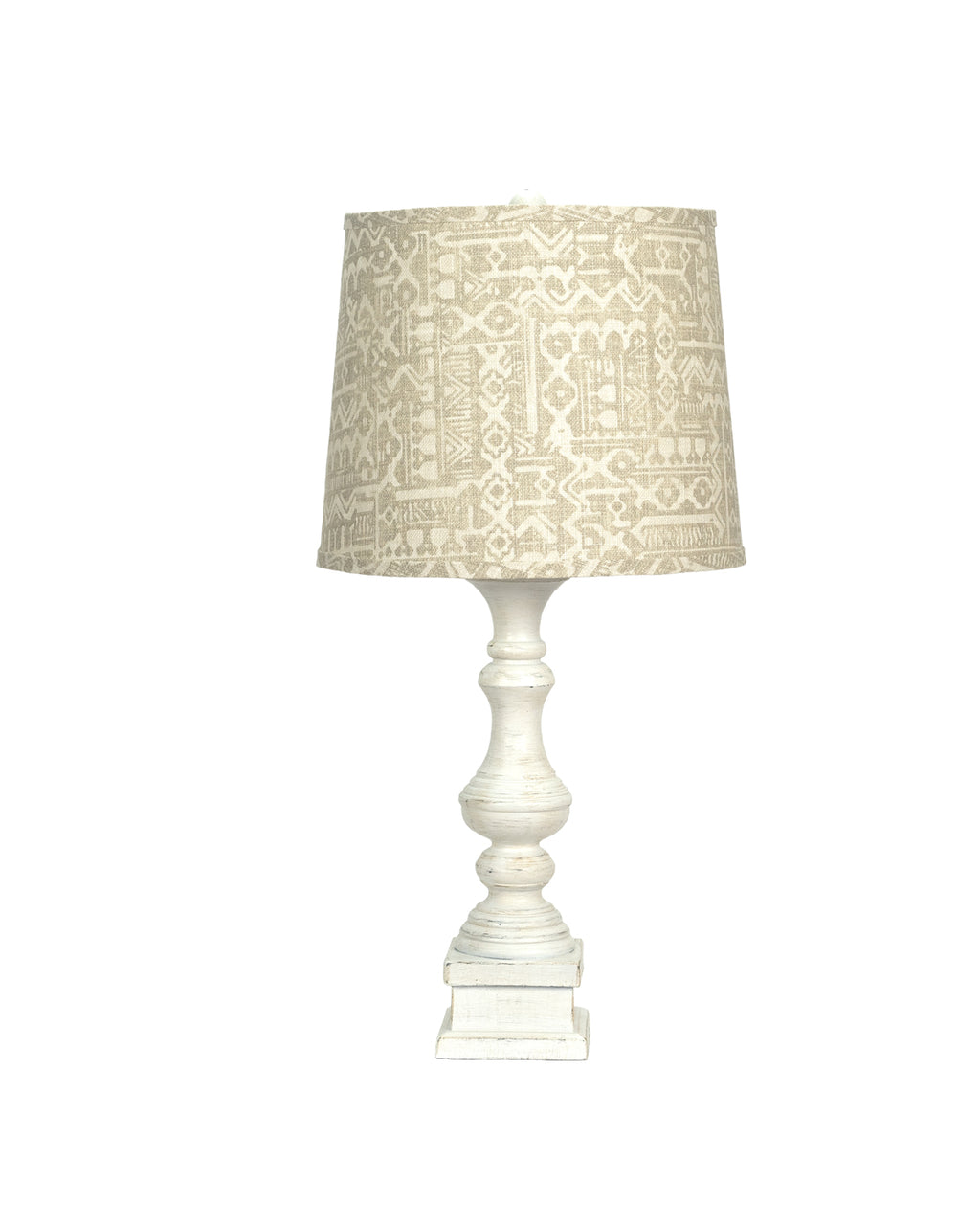 Distressed White Table Lamp with Patterned Tan Linen Shade